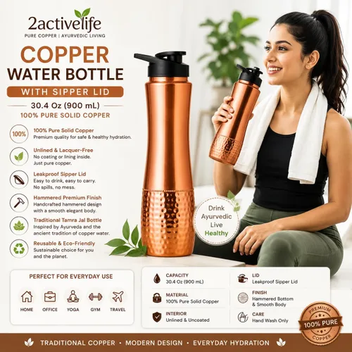 Vista 3 de Botella de agua de cobre con tapa para sorber, 30.4 onzas (30.4 fl oz / 900 ml), botella de cobre sólido 100% puro para agua potable, botella
