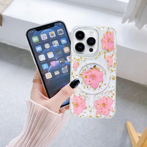 Vista 5 de Abbery Funda magnética para iPhone 14 Pro Max de 6.7 pulgadas, compatible con MagSafe Cute Clear with Design Glitter Sparkle Real Dry Pressed Flower