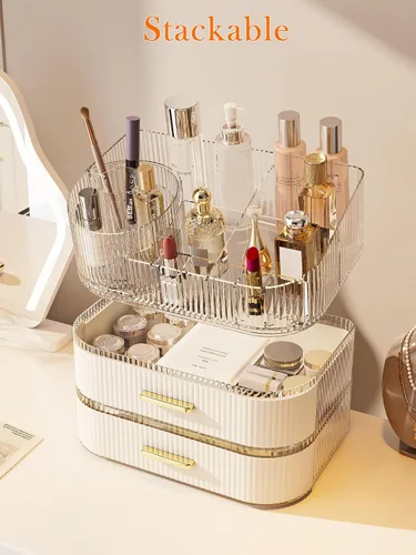 Vista 7 de Organizador de maquillaje giratorio de 360° con cajón, exhibición de almacenamiento de cosméticos de acrílico transparente, contador de belleza