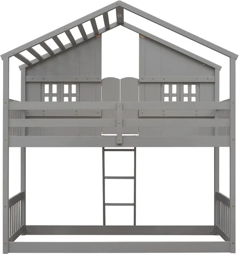 Vista 7 de DEINPPA Litera individual sobre individual con techo, cama de madera con ventanas y caja de ventana, cama de casa de juegos con diseño de puerta