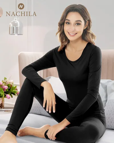 Vista 6 de NACHILA Conjunto de ropa interior térmica de bambú para mujer, suave, largo, conjunto de pijama de capa base, pijamas de manga larga, tallas S-XXL
