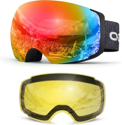 Vista 11 de Odoland Magnetic Interchangeable Anti-Fog Ski Goggles with 2 Lens Large Spherical Frameless Snow Snowboard Goggles for Men Women