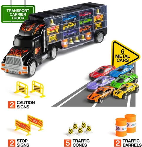 Vista 4 de Camión de Juguete Transportador de Autos - Incluye 6 Autos de Juguete y Accesorios, Cabe 28 Ranuras para Autos de Juguete - Gran Regalo para Niños