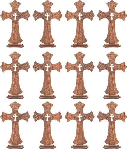 Vista 5 de Cruzes de pie de madera marrón de 9 pulgadas, paquete de 12, cruz de mesa rústica de madera para centros de mesa de bautismo, decoración de iglesia