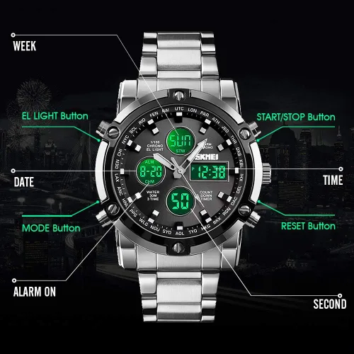 Vista 7 de SKMEI Mens Wrist Watch, Waterproof Military Analog Digital Watches with LED Multi Time Chronograph, Stainless Steel Business Watches for Men