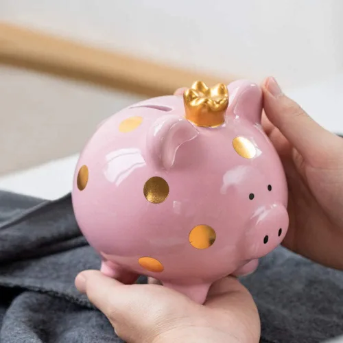 Vista 3 de Hucha de cerámica de dibujos animados, corona de cerdo, moneda, caja de dinero, caja de ahorro de monedas para adultos, niños y niñas (rosa)
