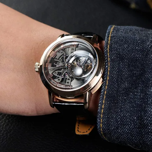 Vista 4 de OBLVLO Relojes de lujo de oro rosa para hombre esfera de esqueleto relojes automáticos correa de cuero VM-1