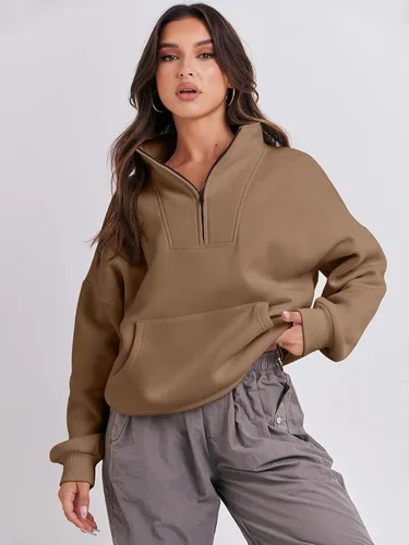 Vista 4 de ANRABESS Sudaderas de manga larga para mujer, forro polar de gran tamaño, media cremallera, sudaderas con capucha para adolescentes y niñas, suéter