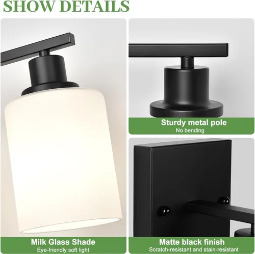 Vista 3 de MOKATNG Juego de 2 apliques de pared para baño, luces de tocador modernas negras con pantalla de vidrio blanco, lámpara de pared de baño