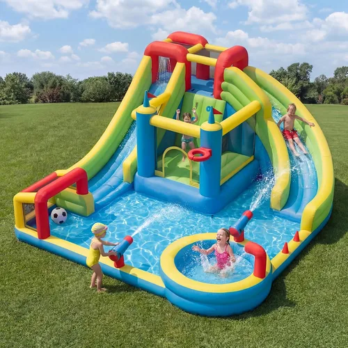 Vista 12 de Tobogán acuático inflable para patio trasero de niños con soplador de 450 W, castillo de salto con tobogán de agua, parque acuático para actividades