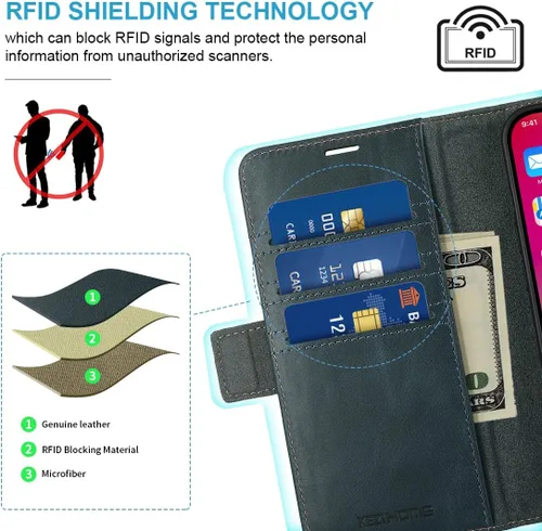 Vista 3 de KEZiHOME Funda para iPhone 15, de piel auténtica, bloqueo RFID, carcasa interior de TPU, cierre magnético, ranura para tarjetas, a prueba de golpes