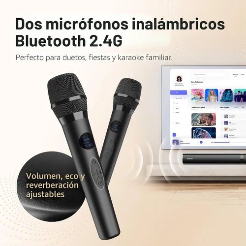 Vista 5 de Barra de sonido con subwoofer para TV, sistema de altavoces Bluetooth 5.3 con 2 micrófonos inalámbricos de karaoke, audio de sonido envolvente