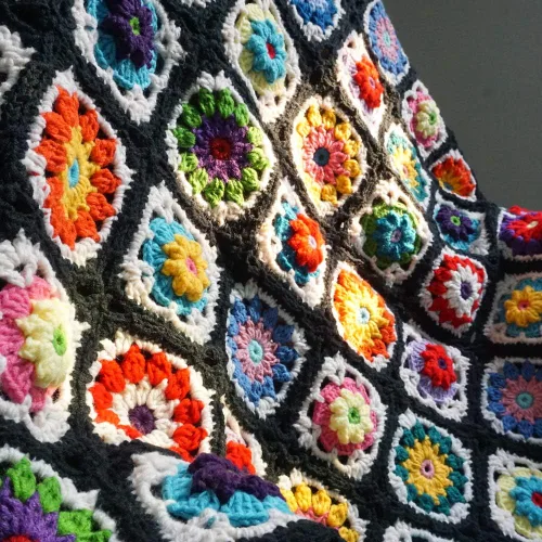 Vista 3 de Manta de ganchillo hecha a mano, estilo suéter, colcha de ganchillo, multicolor, decoración de viaje bohemia para sofá, cama, sillón reclinable