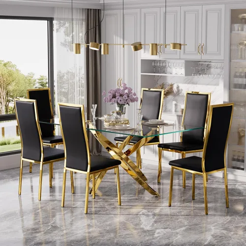Vista 44 de Juego de mesa de comedor de cristal dorado moderno de 63 pulgadas para 6, juego de mesa de cocina rectangular de 7 piezas con patas de acero Negro