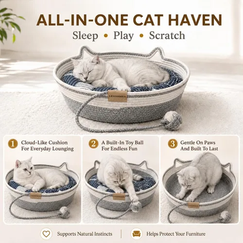 Vista 4 de Cesta de cama para gatos de interior Cuerda de algodón tejida a mano con Gris