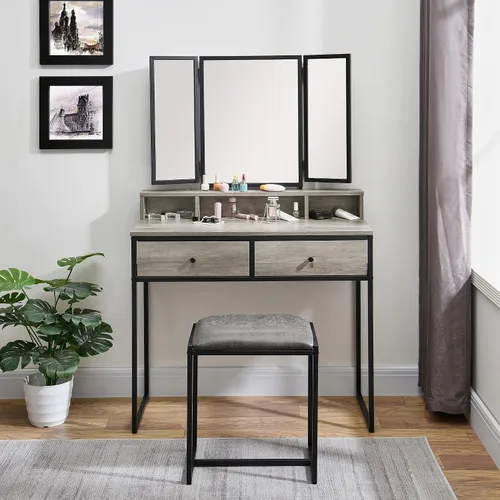Vista 2 de Juego de mesa de tocador con taburete tapizado, escritorio con 2 cajones