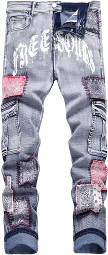 Vista 40 de Baylvn - Pantalones de mezclilla para hombre con diseño patchwork, ajustados y cómodos, estilo motociclista 3132 Camuflaje y azul