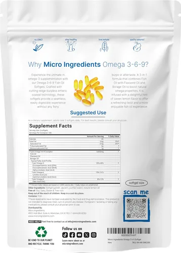Vista 2 de Ultra Omega 3-6-9 3600 mg por porción, 300 cápsulas blandas sin eructos Sabor a limón - Mezcla de aceites de pescado, linaza y borraja Fuente