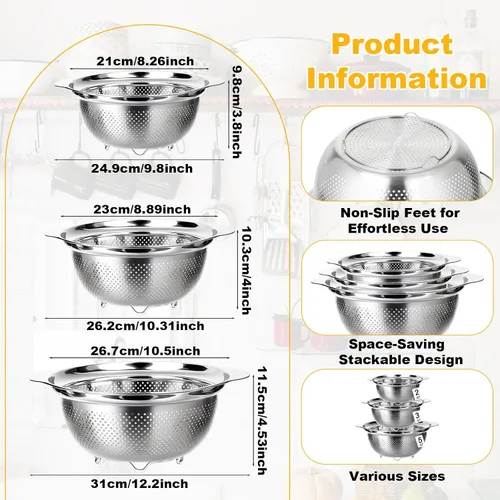 Vista 5 de Juego de 3 coladores de acero inoxidable para cocina, colador de pasta para arroz, alimentos, frutas, espaguetis y verduras