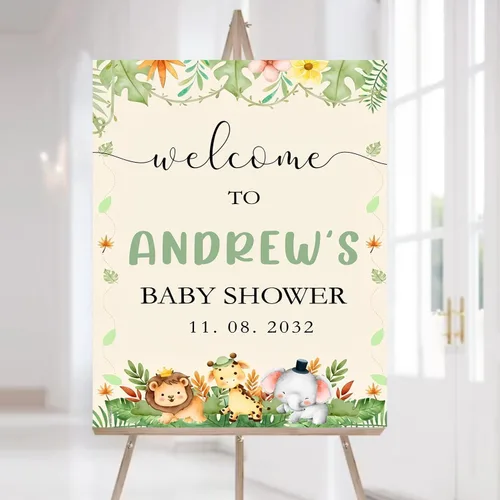 Vista 26 de Letrero de bienvenida personalizado para baby shower, cartel de bienvenida de safari para baby shower, letrero de baby shower de animales