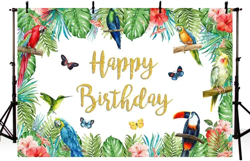Vista 2 de MEHOFOND Telón de fondo de cumpleaños de pájaro tropical, tucán de verano, hojas de palma, purpurina dorada, pancarta de feliz cumpleaños, fondo