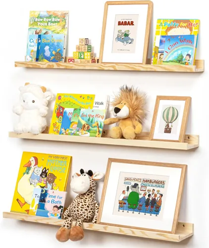 Vista 26 de FLYJOE Estante de repisa de fotos para pared, 24 pulgadas de madera de fresno maciza, estantes para libros de guardería, estantes flotantes