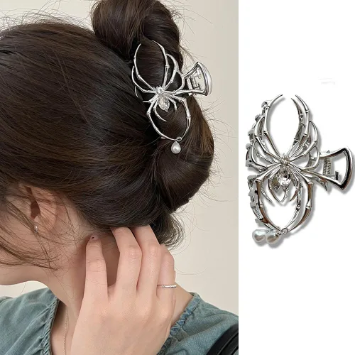 Vista 7 de Pinzas de pelo de aleación de calavera – Divertidas pinzas punk, agarre fuerte para cabello grueso y fino, accesorios de metal plateado