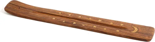 Vista 4 de Soporte de incienso de madera para palos con incrustaciones de luna creciente de latón de 10 pulgadas de largo
