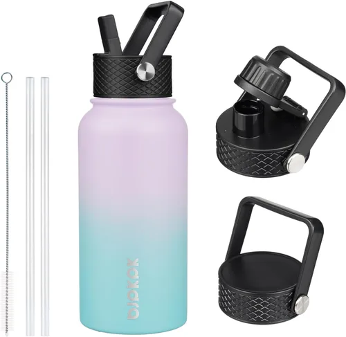 Vista 97 de BJPKPK Botellas de Agua Aisladas con Tapa de Pajita, Botella de Agua de Acero Inoxidable de 18oz, Termo Frío Caliente con 3 Tapas, Vaso de Viaje a