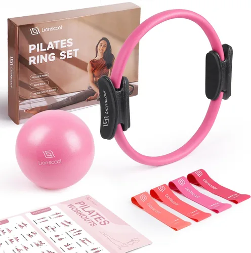 Vista 8 de LIONSCOOL Pilates Ring Set - 14" Anti-Deformation Magic Circle with Padded Handles, 9" Mini Ball, Elastic Latex Resistance Bands, Guide & Bag