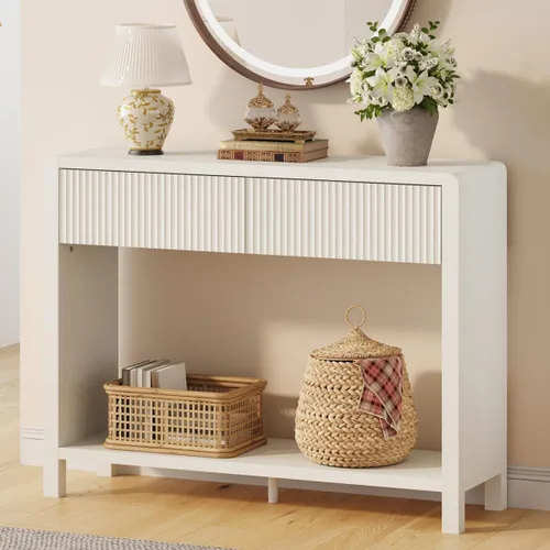 Vista 7 de FATORRI Mesa consola estrecha con almacenamiento, mesa de sofá de madera para entrada, mesas de pasillo modernas de 39.37 pulgadas y mesas de sofá