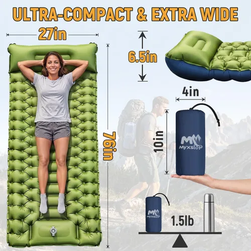 Vista 2 de Myxslop Colchoneta de dormir para camping, ultraligera inflable con almohada con bomba de pie integrada, alfombrilla para dormir, equipo compacto
