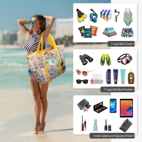 Vista 7 de F-color Mesh Beach Bag Family - Large Tote Bag for Cruise Pool Beach Vacation Essentials