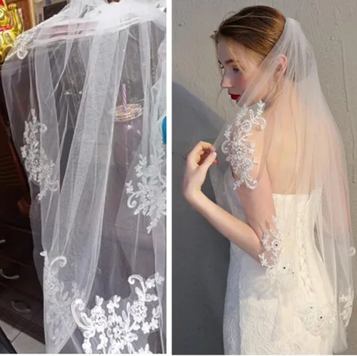 Vista 5 de AISIBO Elegante velo de novia con cuentas de cristal, velo de novia con peine, Blanco