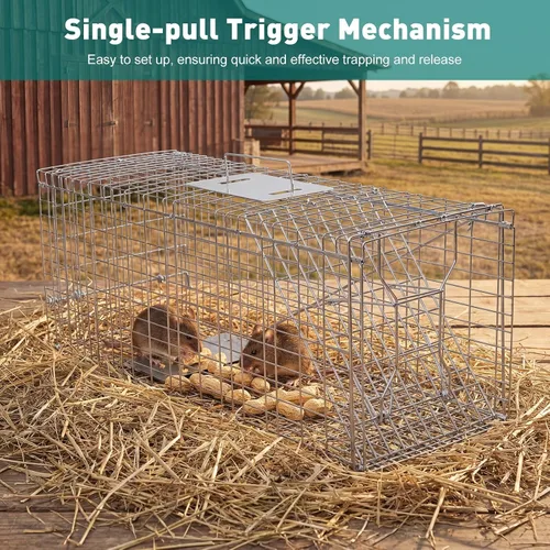 Vista 8 de 33-Inch Humane Live Cat Trap Cage, Foldable Animal Trap with Pedal Trigger