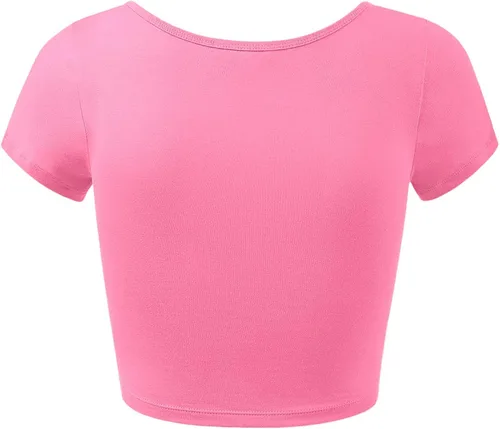 Vista 3 de Camiseta ombliguera básica de algodón con cuello redondo y manga corta para mujer