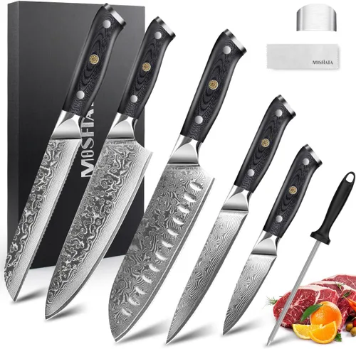 Vista 12 de MOSFiATA Juego de cuchillos de chef profesional de Damasco, 3 piezas, cuchillo de chef de 8 pulgadas, cuchillo Santoku de 7 pulgadas y cuchillo