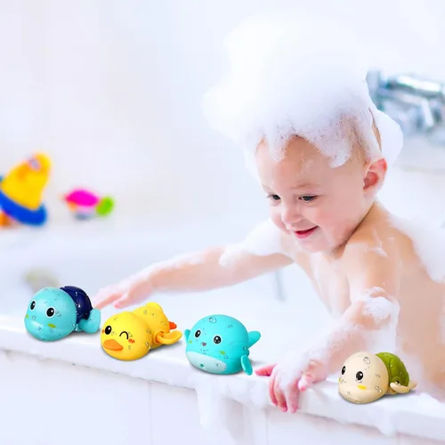 Vista 5 de Outus Los juegos de juguetes de baño de 14 piezas incluyen 12 juguetes flotantes con 2 redes de pesca en forma de pato, juegos de piscina, juguete