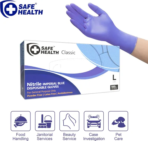 Vista 2 de Safe Health Nitrile Disposable Gloves, 3.5 Mil, Imperial Blue, Powder Free, Latex Free, Tattoo, Beauty, Salon, Car