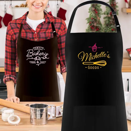 Vista 5 de Delantal con babero ajustable personalizado – Delantales de cocina personalizados con 2 bolsillos para mujeres y hombres – Añade tu nombre