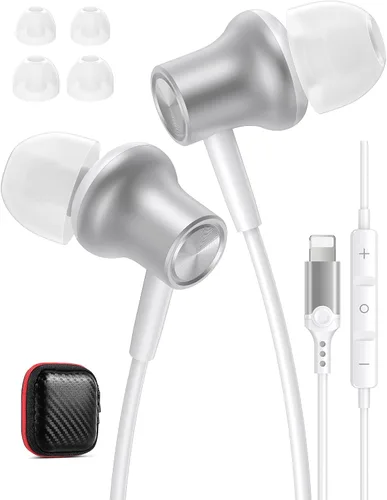 Vista 10 de iMangoo Diseño para auriculares con cable certificados MFi de Apple para audífonos Lightning, auriculares de alambre magnético con cable