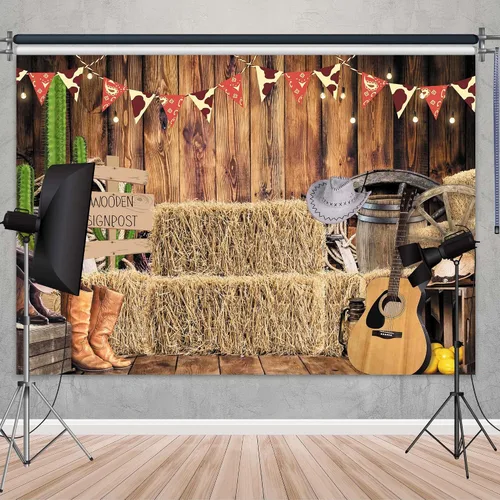 Vista 2 de Pancarta de fondo de vaquero occidental de 8 x 6 pies, poliéster rústico, granero, granero, almacén, decoración de fotos, fondo para suministros