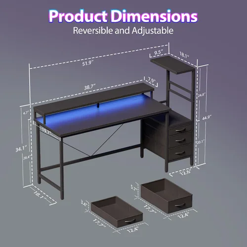 Vista 2 de Mericonia Escritorio para juegos con tomas de corriente y luces LED, escritorio reversible para computadora con soporte para caja de PC, cajones