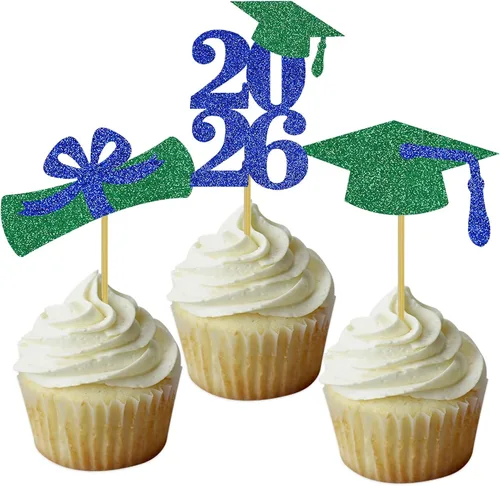 Vista 7 de Decoración para cupcakes de graduación, decoración de fiesta de graduación, selecciones de alimentos, felicitaciones, tapa de diploma con purpurina