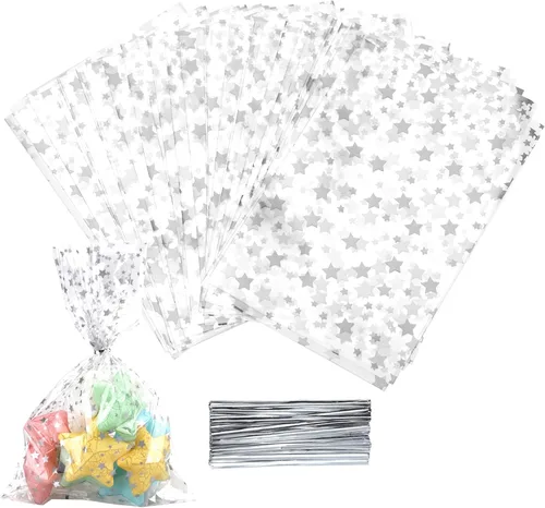 Vista 16 de 100 bolsas de regalo con estampado de estrellas de 3 x 5 pulgadas, bolsas de regalo de celofán, bolsas de regalo de celofán, bolsas de regalo