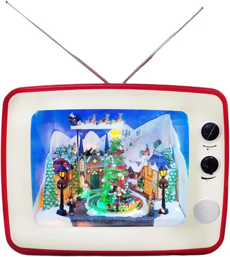 Vista 5 de MOMENTS IN TIME Decoración navideña de TV retro animada roja con luz LED, escena navideña con trineo de Papá Noel y obras de tren, 8 canciones
