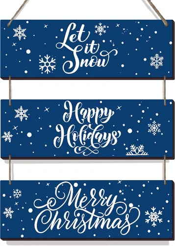 Vista 8 de Gerrii 3 piezas de decoración rústica de madera para colgar en la pared, deja que nieve, decoración de pared de Navidad, adornos de madera, letrero