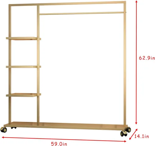 Vista 6 de Percheros dorados con estante, para boutiques minoristas, estantes de ropa dorados, múltiples usos, resistente para colgar barras para el hogar