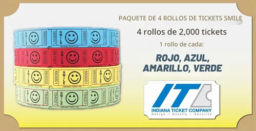 Vista 2 de INDIANA TICKET CO. Smile Paquete de 4 Rollos de Boletos - 2000 Cada Uno en Azul, Rojo, Amarillo y Verde (8000 Total) 1x2 para Admisión, Eventos A