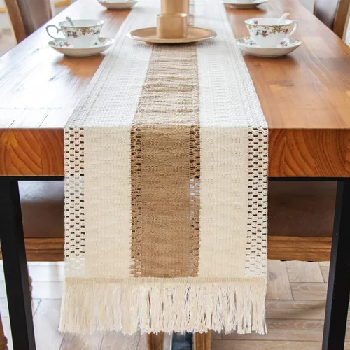 Vista 6 de 7 caminos de mesa bohemios y manteles individuales redondos bohemios entretejidos de macramé con borlas, decoración de comedor de granja